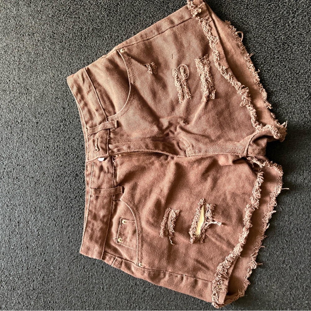 SHEIN Brown Jean Shorts Distressed Frayed Hem